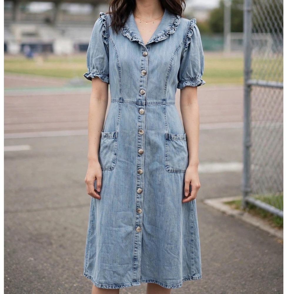 Uncle Frank Womens Blue Tencel Ruffle Chambray Shirt Dress Style 72592 XS